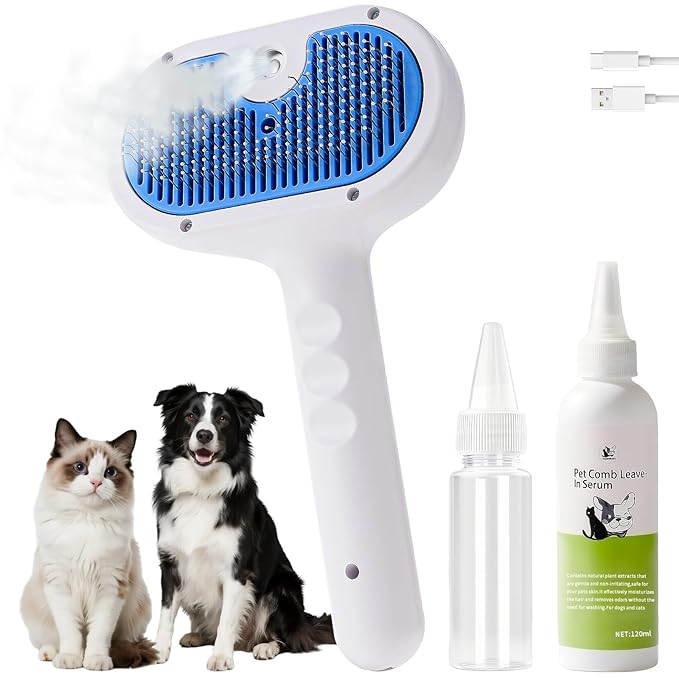 Cat Steam Brush for Shedding,3 In 1 Steam Brush for Dogs &amp; Cats,Spray Hair Removal Comb,Includes Waterless Shampoo,Suitable for Long-haired and Short-haired Pets