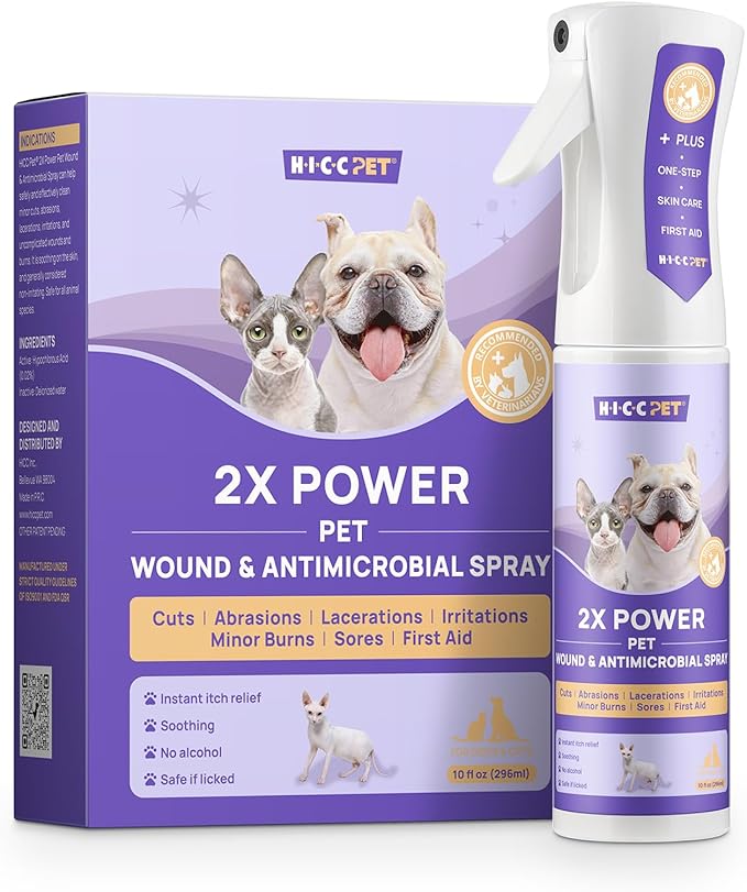HICC PET Dog Hot Spot Treatment Spray, Itch Relief for Dog Care&amp; Cat Care, 2X Strength for Dog Wound Care, Alleviate Dry Itchy Skin, Allergies, Inflammation, Dog Skin Irritation Treatment, 10 fl oz