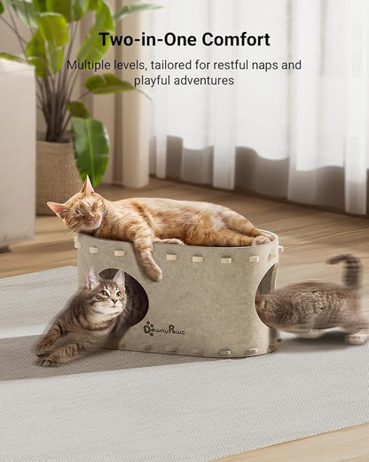 DownyPaws Cat House for Indoor Cats, Cat Bed Cave for Multiple &amp; Large Cats Up to 22 Lbs, Scratch Resistant, Foldable Peekaboo Kitten Caves Tunnel Enclosed Bed, PeekaPurr, Cream
