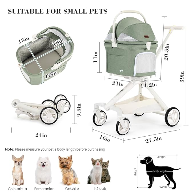 TT Lightweight Pet Stroller for Small Dog&amp;Cat,One-Hand-Fold Pet Travel Stroller with Canopy and Cup Holder, 4-Way Convertible Carrier.Green