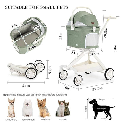 TT Lightweight Pet Stroller for Small Dog&amp;Cat,One-Hand-Fold Pet Travel Stroller with Canopy and Cup Holder, 4-Way Convertible Carrier.Green