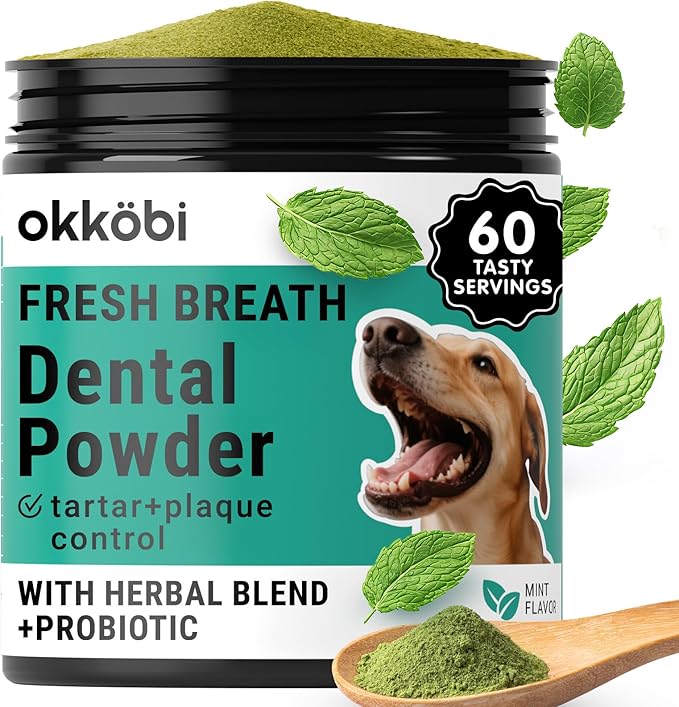 Dog Teeth Cleaning Powder - Dog Breath Freshener + Dental Care for Doggies &amp; Cats + Tartar Remover for Teeth with Natural Ingredients + Probiotics Blend (Mint - 200g)