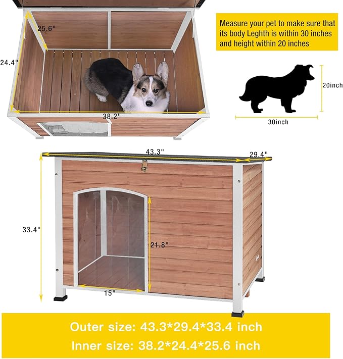 Dog House Outdoor &amp; Indoor Wooden Dog Kennel for Winter with Raised Feet Weatherproof for Small &amp; Medium &amp; Large Dogs,Unique All-Around Iron Frame，Light Brown