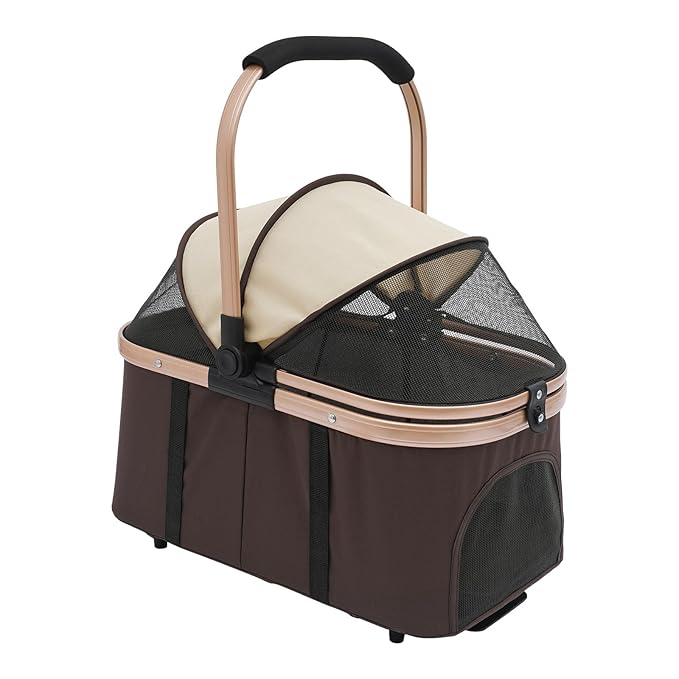 2-Layers Pet Stroller for 2 Cats/Dogs,Foldable Lightweight 77lbs Capacity Carrier, 4 Wheels, Removable Basket &amp; Storage Pocket,for Small Pets (Coffee)