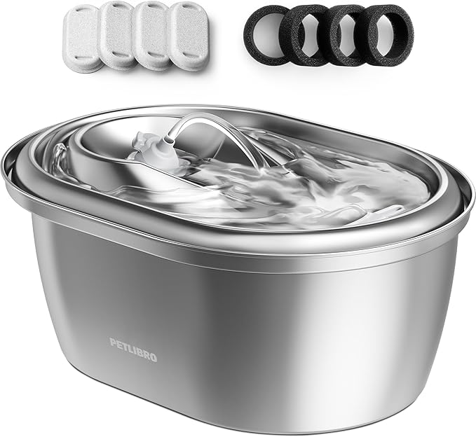 PETLIBRO Stainless Steel Cat Water Fountain, 101oz/3L Pet Water Fountain for Cats Inside, Food-Grade Dog Water Fountain, Automatic Water Dispenser with 4 Filters &amp; 4 Sponges