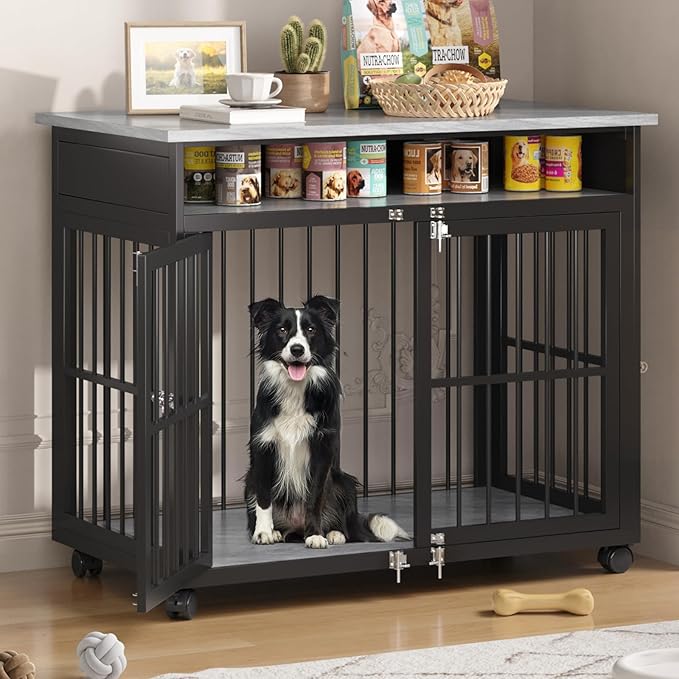 39.4" Dog Crate Furniture for Medium and Large Breed, Dog Kennel Furniture with Storage Shelf &amp; Lockable Wheels, Heavy Duty Wooden End Side Table Pet Cage Indoor, Chew-Resistant, Grey