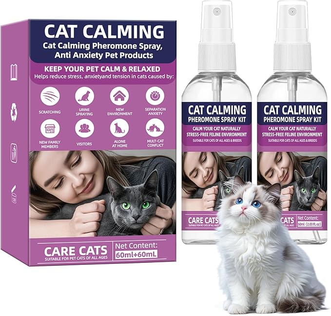 Cat Calming Pheromone Spray Kit Feline Calm Pheromones Vet Recommended Drug-Free Anxiety Relief for Multi-Cat Homes,Stops Scratching &amp; Urine Marking,60-Day Supply | Drug-Free (2 * 60 mL)