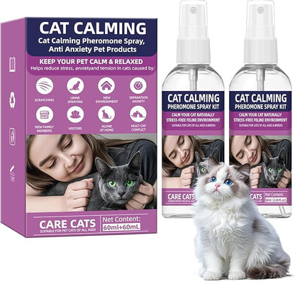 Cat Calming Pheromone Spray Kit Feline Calm Pheromones Vet Recommended Drug-Free Anxiety Relief for Multi-Cat Homes,Stops Scratching &amp; Urine Marking,60-Day Supply | Drug-Free (2 * 60 mL)