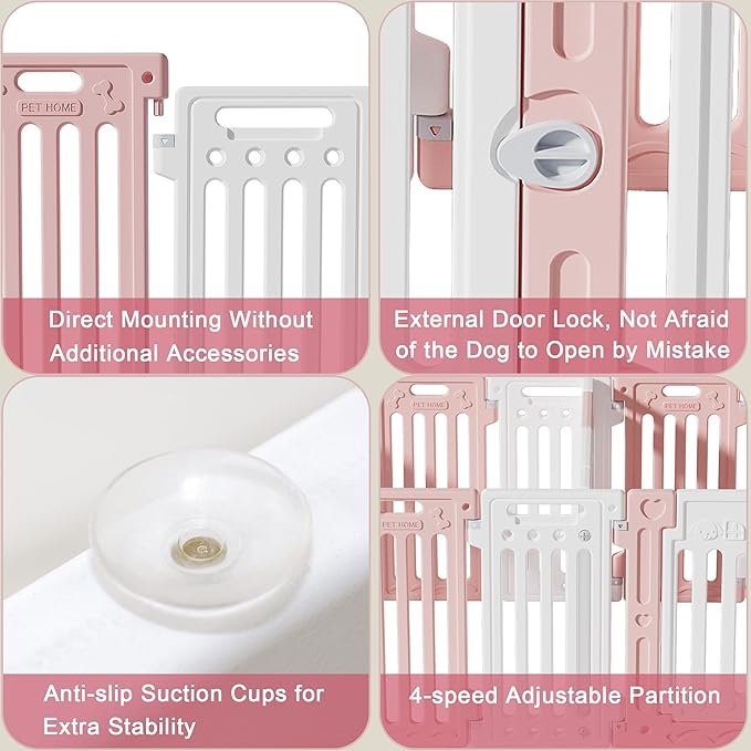2 Room Dog Playpen with Door,DIY Shape Combination Puppy Pen,16-Panel+2 Link Piece+Large Door+Small Door,25.5" H Dog Fence,Non-Slip&amp;Secure Pet Gate,Easy to Assemble,Pink + White
