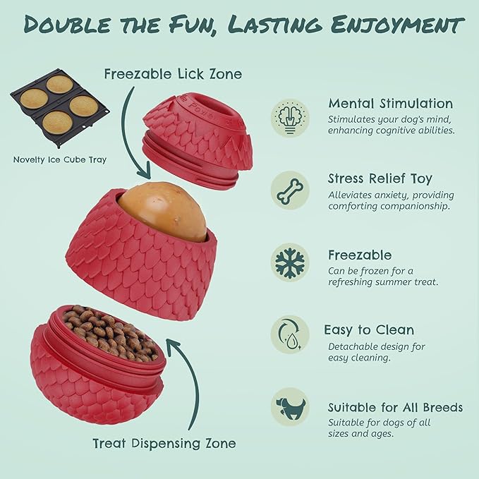 Enrichment Frozen Treat Toy for Dogs - 2-in-1 Dog Licking Toy &amp; Dispensing Dog Puzzle Toy, Fillable Rubber Interactive Toy, Keeps Them Busy, Reduces Anxiety, Safe &amp; Easy to Clean Red