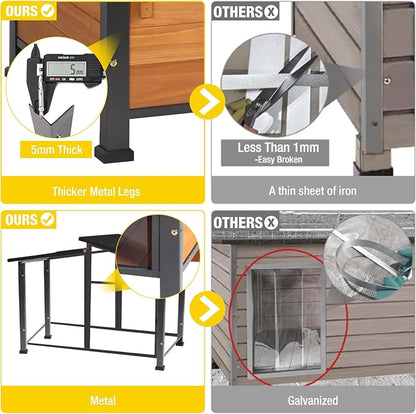 Chew-Resistant Dog House with Metal Frame, Wooden Kennel for Indoor &amp; Outdoor Use, Waterproof Roof &amp; Feeding Bowls Included (Wood, L-in)