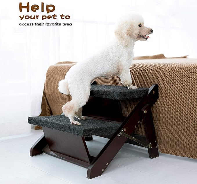 MEWANG Wooden Pet Stairs/Pet Steps - 2-in-1 Foldable Stairs &amp; Ramp for Beds and Cars - Portable Dog/Cat Ladder Up to 110 Pounds