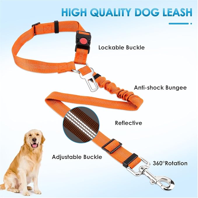 Lukovee Dog Seatbelt Leash for Cars, 2 Pack Pet Safety Car Seat Belt with Adjustable Buckle &amp; Reflective Bungee, Connect Dog Harness in Vehicle Car Dogs Restraint Travel Daily Use (Orange)