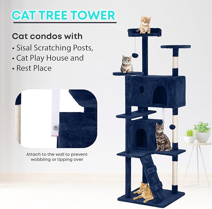 FDW Cat Tree 70in Cat Tower Multi-Level Durable Cat Scratching Post &amp; Cozy Fun Cat Jumping Platform Space Saving Cat Condo Pet Play House for Indoor Cats,Navy Blue