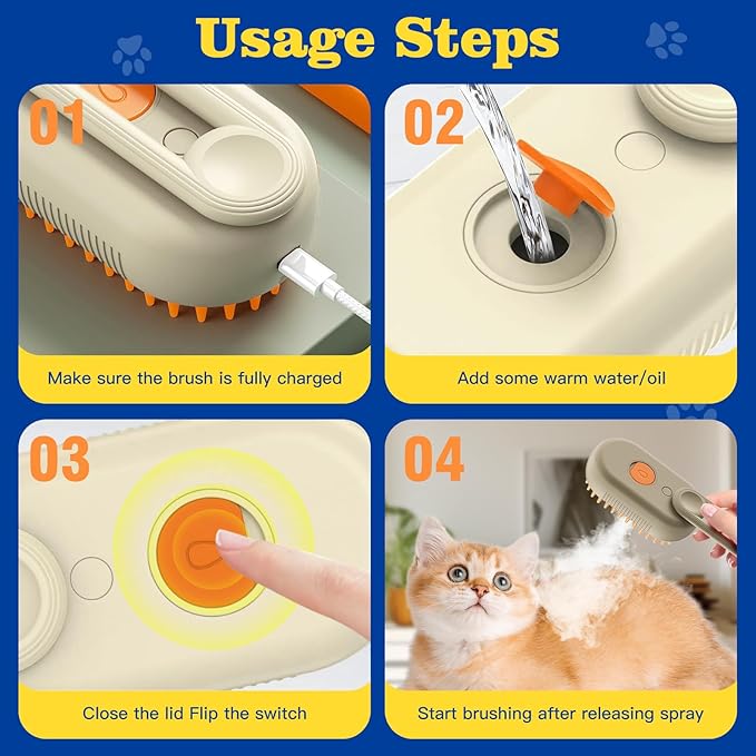 Cat Steam Brush for Shedding with Foldable Handle 4 in 1 Rechargeable Steam Brush for Cats and Dogs,Haired Pets Spritz Defur Comb for Cats Pet Spray Grooming Tool for Hair Removal &amp; Massage