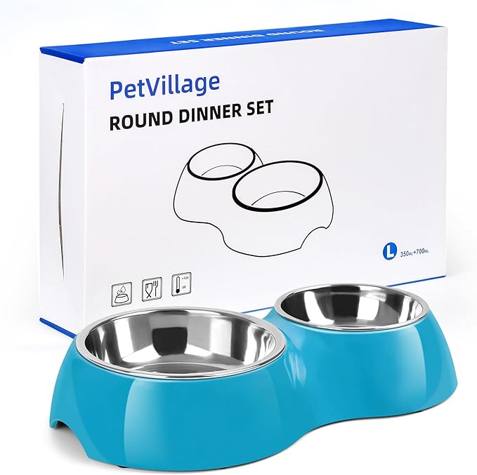 Elevated Dog Bowls Set - Non-Slip Raised Pet Feeder with Medium (2 Cups) &amp; Large (4 Cups) Stainless Steel Bowls - Includes Durable Resin Stand for Puppies, Adult Dogs &amp; Cats - Blue