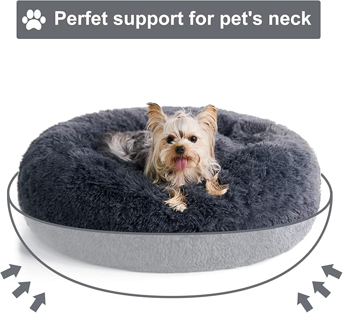 WNPETHOME Calming Dog &amp; Cat Bed, Anti-Anxiety Donut Bed, Fluffy Faux Fur Cushion for Small Dogs and Cats (24 x 24 x 8 Inch, Navy Grey)