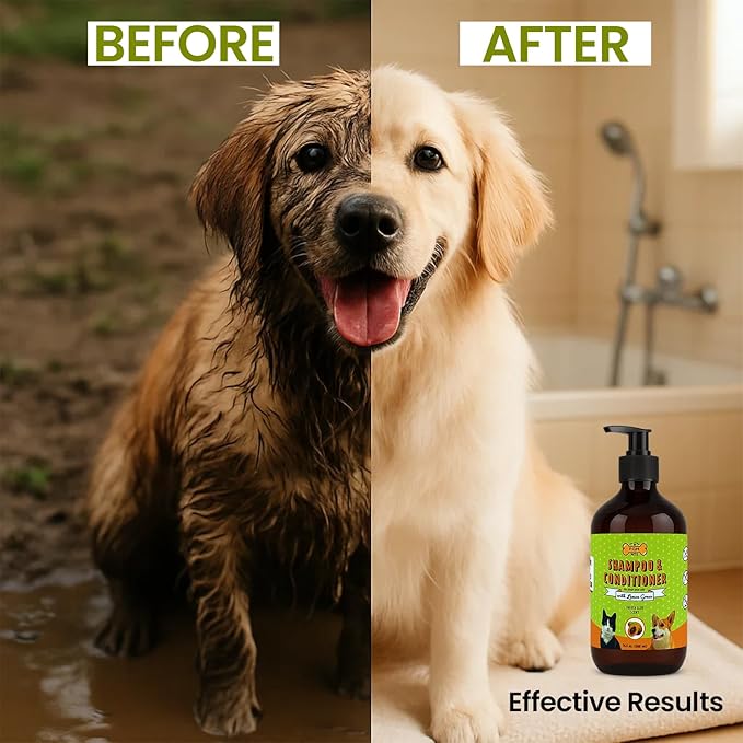 POM Pets 2-in-1 Organic Dog Shampoo &amp; Conditioner – Itchy Skin Relief, Dog Deshedding, Detangles Fur, Cat Shampoo, Paw Cleaner for Dogs, Natural Coat Defense Formula