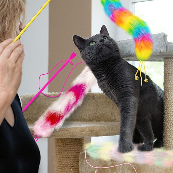 3 Pack Cat Wand Toy, Rainbow Cat Feather Toys with Bells, Teaser Wand with Soft Furry Tail, Interactive Toys for Indoor Cats &amp; Kitten &amp; Kitty