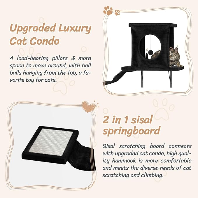 NUNU LAB Wall Mounted Cat Furniture, 7 Pcs Cat Wall Shelves with House, Tunnel, Bridge, Steps, Scratcher, Hammock, Bed, Indoor Safe &amp; Stable Furniture for Kittens Play, Black
