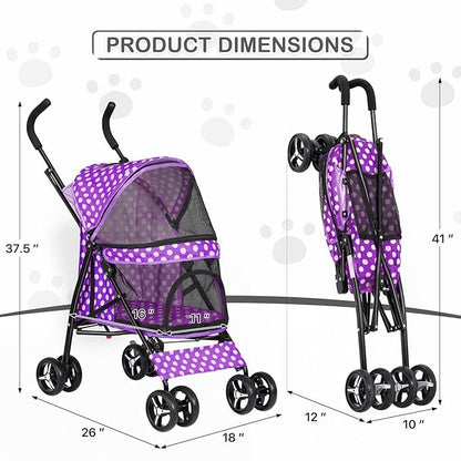 MoNiBloom 4 Wheels Pet Stroller, Easy-Fold Umbrella Shaped Dog Cat Jogger Stroller w/Storage Bag &amp; Visible Mesh for Small/Medium Dogs Cats Purple Polka Dots