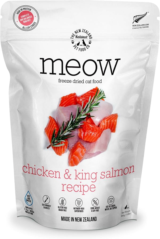 Meow Chicken &amp; King Salmon Freeze Dried Raw Cat Food, Mixer, or Topper, or Treat - High Protein, Natural, Limited Ingredient Recipe 9.9 oz