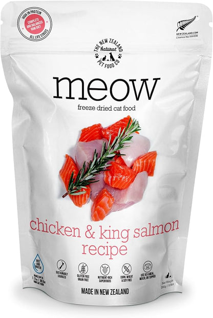 Meow Chicken &amp; King Salmon Freeze Dried Raw Cat Food, Mixer, or Topper, or Treat - High Protein, Natural, Limited Ingredient Recipe 9.9 oz
