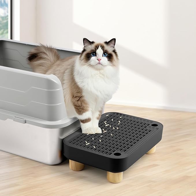 Cat Litter Box Step Ramp, Cat Litter Catcher Mat with Wooden Feet, Filter Function, Cat Pedal Stool for Self-Cleaning Cat Litter Box, Ideal for Kitten &amp; Elderly Cats (Black)