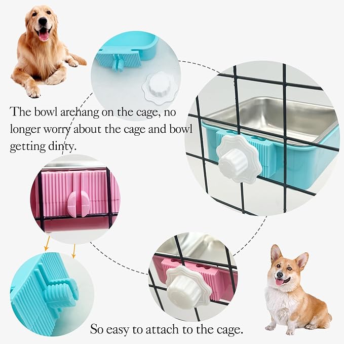 kathson Crate Dog Bowl, Removable Stainless Steel Hanging Pet Kennel Cage Bowl Food &amp; Water Feeder Coop Cup for Puppy, Cat, Rabbit,Guinea Pigs 3pcs Square(Blue,Green,Pink)