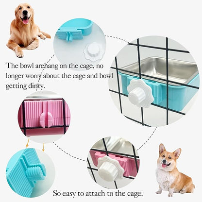 kathson Crate Dog Bowl, Removable Stainless Steel Hanging Pet Kennel Cage Bowl Food &amp; Water Feeder Coop Cup for Puppy, Cat, Rabbit,Guinea Pigs 3pcs Square(Blue,Green,Pink)