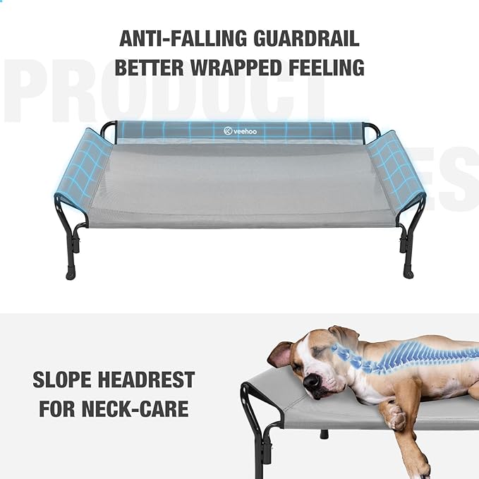 Veehoo Cooling Elevated Dog Bed, Raised Pet Cot with Guardrail &amp; Slope Headrest, Durable Breathable Teslin Mesh, Non-Slip Feet, Washable Dog Couch Bed for Indoor &amp; Outdoor, Medium 39.5" x 28", Gray