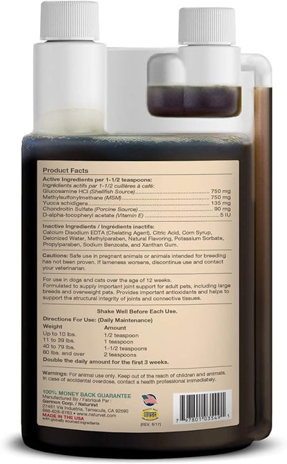 NaturVet Glucosamine DS Plus Hip &amp; Joint Support Liquid Pet Supplement – Level 2 Moderate Care for Dogs &amp; Cats – Includes Glucosamine, MSM, Chondroitin – 32 Oz