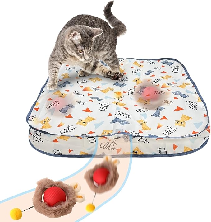 Rocfish Interactive Cat Toys Ball - Automatic Fast Rolling Ball in Play Mat, Hide and Seek Mouse Catching Game, Low-Noise Cat Enrichment Toys in Pouch for Indoor Bored Cats (Red Toy &amp; Square Mat)