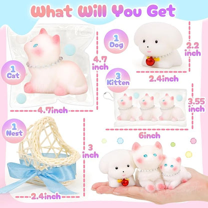 Squishy Fidget Toys Squeeze Soft Cat Dog for Stress Relief Cute Stuff Sensory Toys 5Pcs, Stocking Stuffers Pinata for Kids Party Favors Treasure Box Desk Toys for Classroom Anxiety Travel Gifts