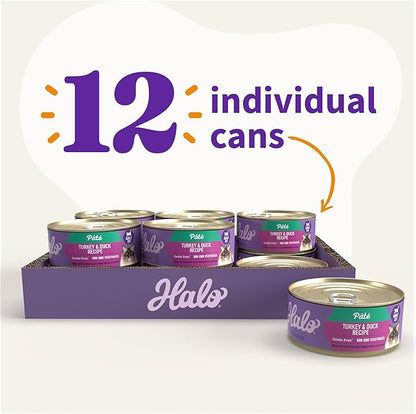 Halo Wet Cat Food Turkey &amp; Duck Recipe, Grain Free Wet Cat Pate, Canned Cat Food for Extra Hydration, 5.5 Oz Can (Pack of 12)