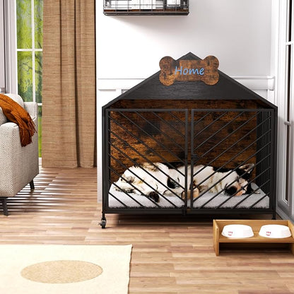 Heavy Duty Dog Crate Furniture for Large Breed - 39.4" Chew-Proof Kennel with Gable Roof, Double Door Escape-Proof Indoor Dog Cage, Rustic Brown