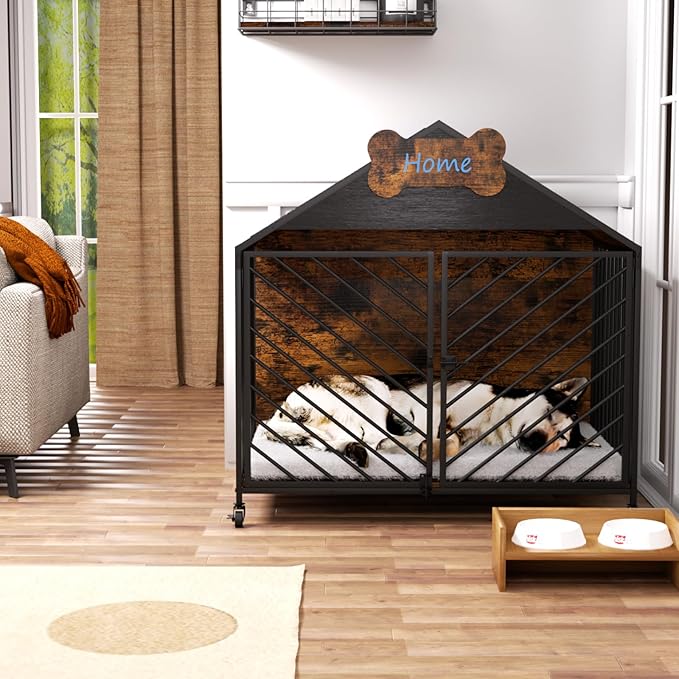 Furniture-Style Dog Crate with Gable Roof Design, Double Locking Doors Indoor Kennel for Small &amp; Medium Dogs, Chew-Proof Escape-Proof Dog Cage, Rustic Brown