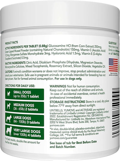 YuMOVE Hip &amp; Joint Supplement for Dogs with Glucosamine, Hyaluronic Acid, Green Lipped Mussel &amp; Omega 3 Joint Supplement - Regular and Advanced Strength (120ct, Chewable Tablets)