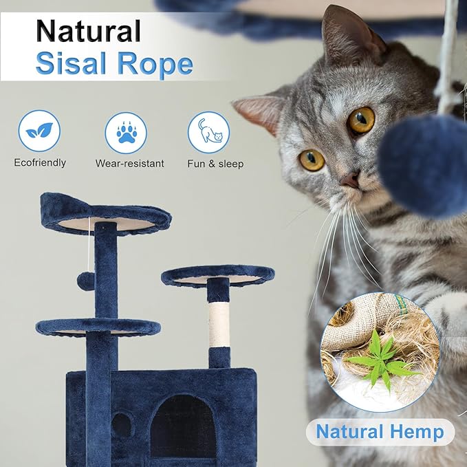 FDW Cat Tree 54in Cat Tower Multi-Level Durable Cat Scratching Post &amp; Cozy Fun Cat Jumping Platform Space Saving Cat Condo Pet Play House for Indoor Cats,Navy Blue