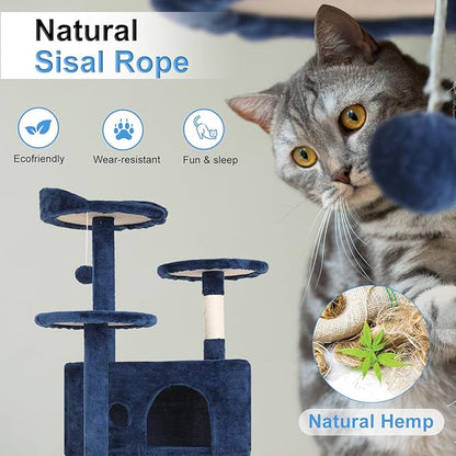 FDW Cat Tree 54in Cat Tower Multi-Level Durable Cat Scratching Post &amp; Cozy Fun Cat Jumping Platform Space Saving Cat Condo Pet Play House for Indoor Cats,Navy Blue