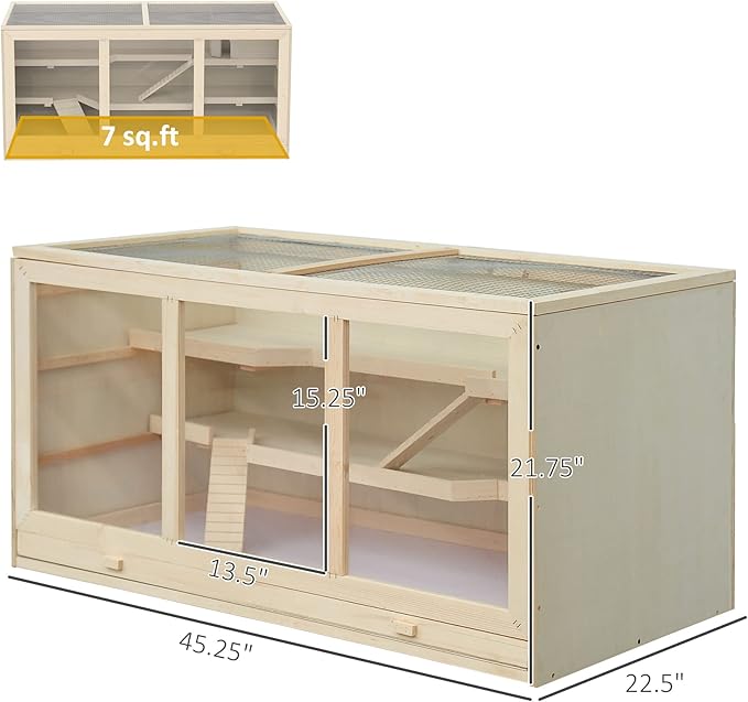 PawHut 45" Extra Large Wooden Hamster Cage, 3-Layer Chewproof Rat Cage with Opening Roof, Hut, Ramps, for Gerbil, Dwarf &amp; Syrian Hamsters, Natural