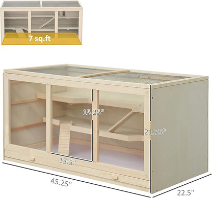 PawHut 45" Extra Large Wooden Hamster Cage, 3-Layer Chewproof Rat Cage with Opening Roof, Hut, Ramps, for Gerbil, Dwarf &amp; Syrian Hamsters, Natural