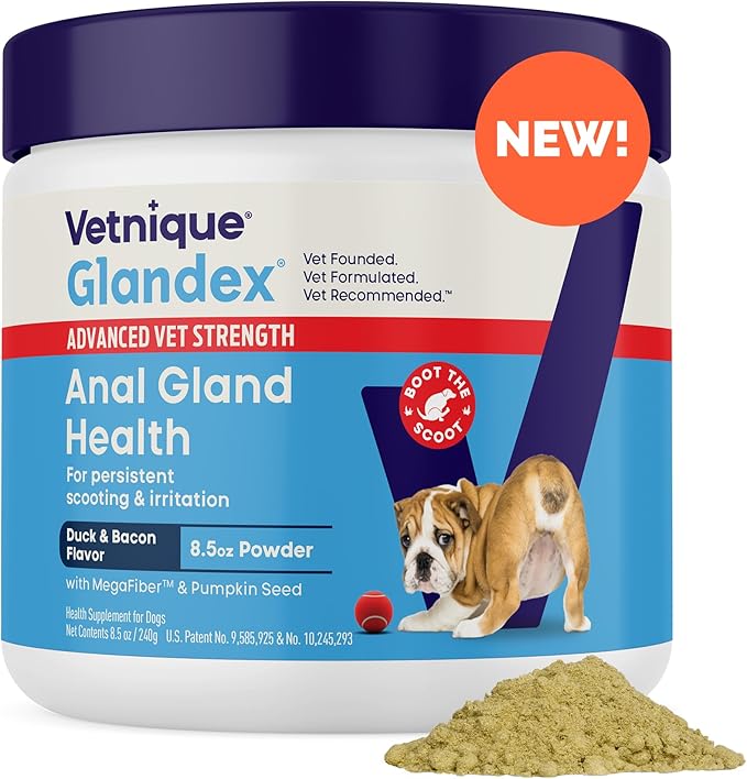 Glandex Dog Fiber Supplement Powder for Anal Glands with Pumpkin, Digestive Enzymes &amp; Probiotics - (Regular or Advanced Strength) - Boot The Scoot (8.5 oz, Advanced Strength Duck &amp; Bacon)