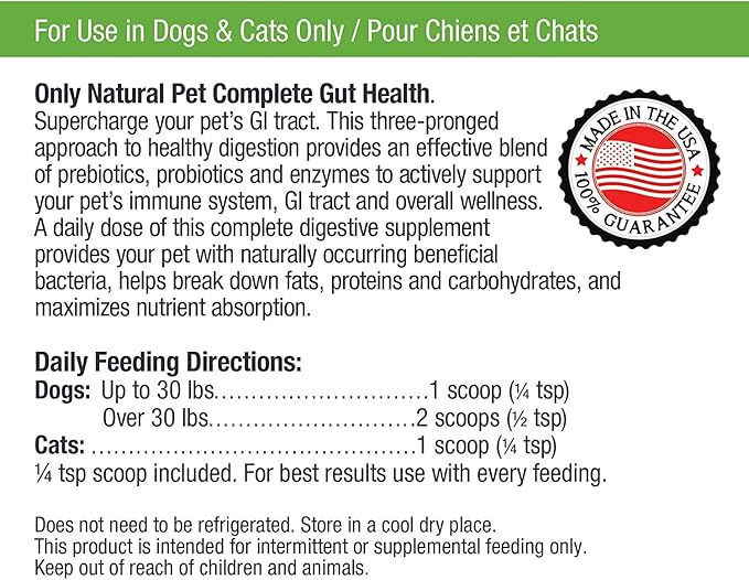 Only Natural Pet Complete Gut Health Complex - Probiotics &amp; Digestive Enzyme Supplement for Dogs &amp; Cats - Promotes Healthy Digestion, Immune System, Nutrient Absorption - Made in USA -3.5oz Powder