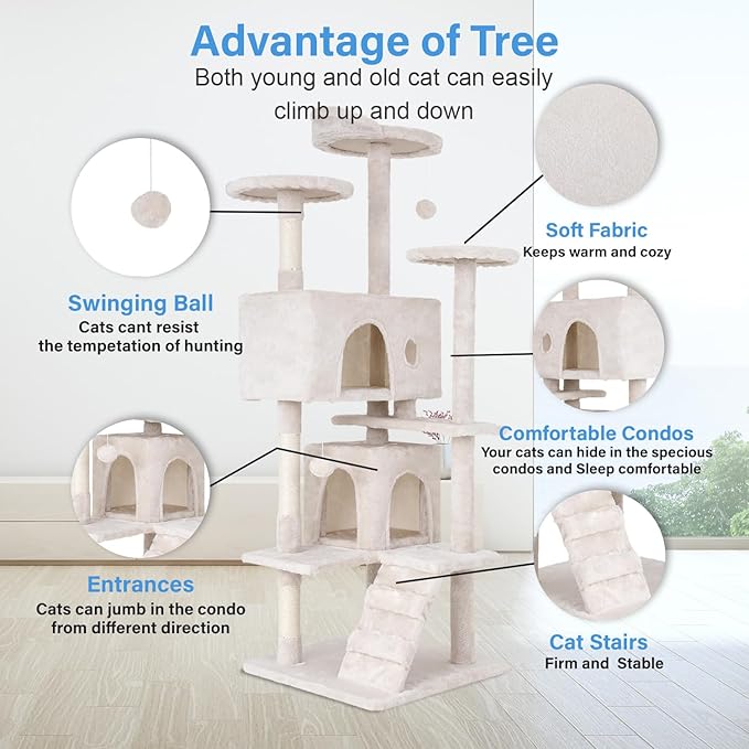 FDW Cat Tree 54in Cat Tower Multi-Level Durable Cat Scratching Post &amp; Cozy Fun Cat Jumping Platform Space Saving Cat Condo Pet Play House for Indoor Cats,Beige
