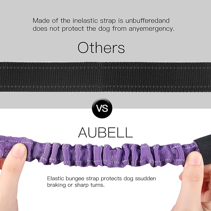 AUBELL Dog Seat Belt for Car,2 Pack Set 3-in-1 Adjustable Reflective Bungee Heavy Duty Dog Car Harness Tether with Clip Hook Latch &amp; Buckle,Swivel Zinc Alloy Carabiner,Black+Purple