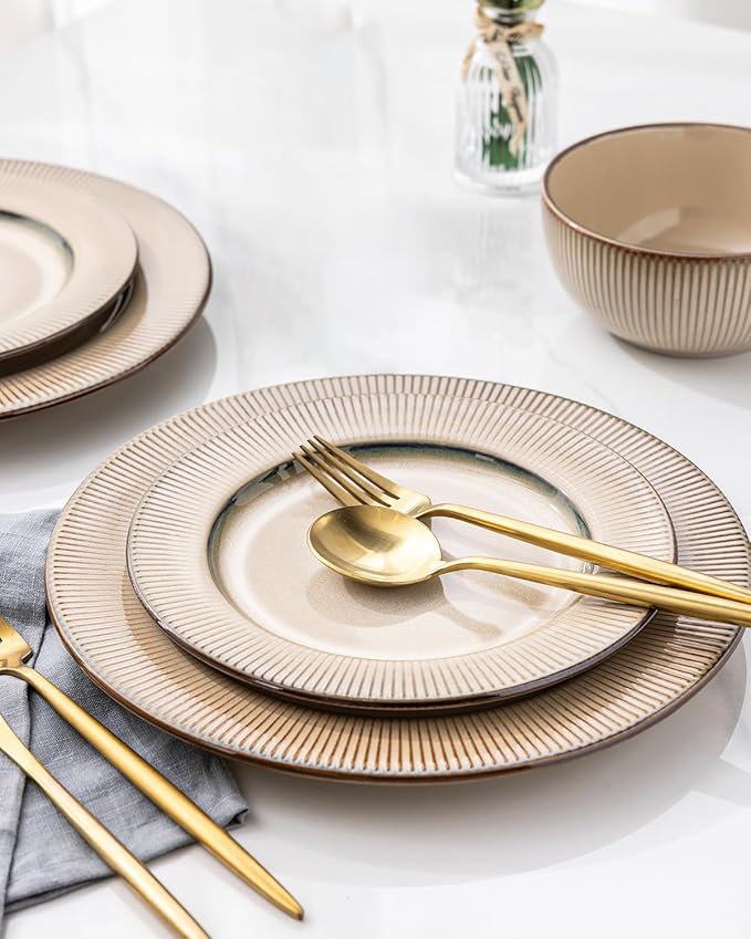 GBHOME Ceramic Dinnerware Sets, 18 Piece Embossed Elegant Stoneware Plates and Bowls Sets, Housewarming Wedding Gift | Dishwasher &amp; Microwave Safe | Dishes Set Service for 8