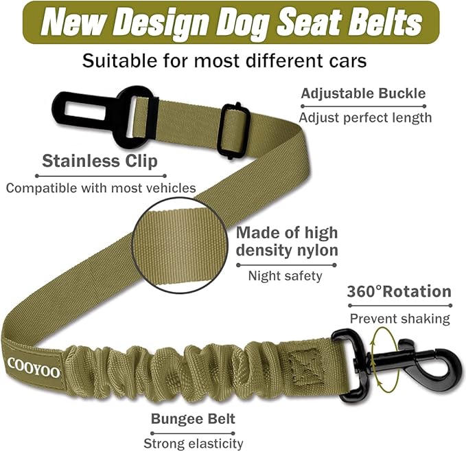 COOYOO Dog Seat Belt,Retractable Dog Car Harness Seat Belt for Car Adjustable Nylon Pet Safety Seat Belts Heavy Duty &amp; Elastic Bungee Buffer