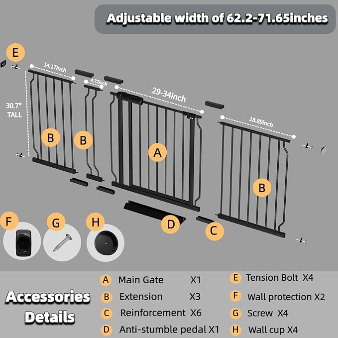 62.2"-71.65" Extra Wide Auto Closing Baby Safety Gate for Stairs &amp; Doorways, Pressure Mounted No Drill Pet Gate with Walk-Through Door - Heavy Duty Childproof Gate for Toddlers, Kids, Dogs (Black)