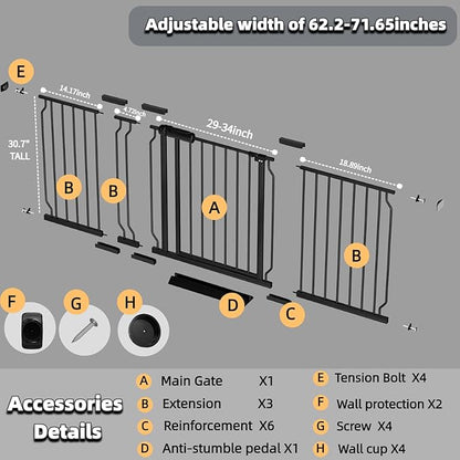 62.2"-71.65" Extra Wide Auto Closing Baby Safety Gate for Stairs &amp; Doorways, Pressure Mounted No Drill Pet Gate with Walk-Through Door - Heavy Duty Childproof Gate for Toddlers, Kids, Dogs (Black)